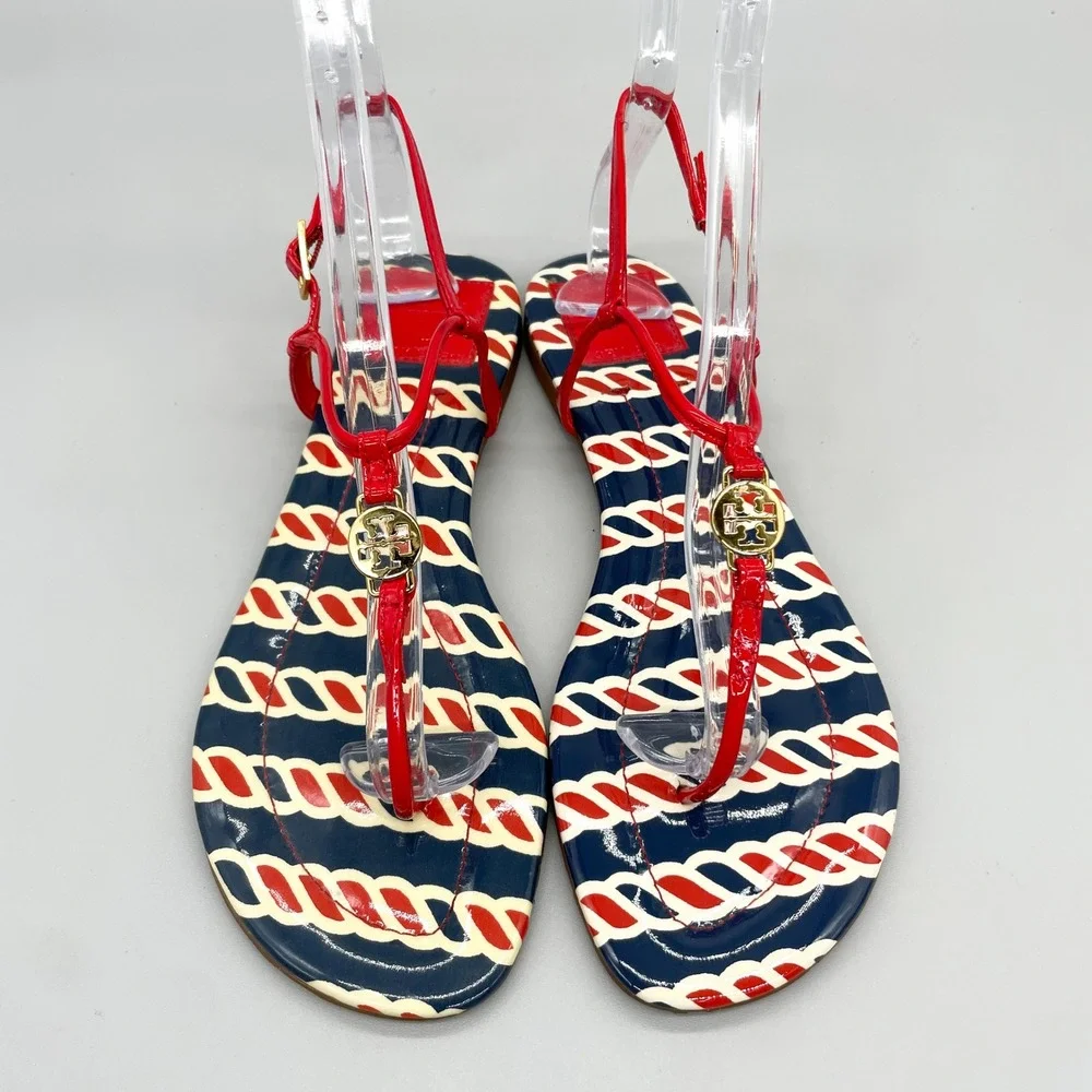 Tory Burch Womens 8.5 Emmy Red Navy Rope Patent Leather Thong Sandals Gold Logo